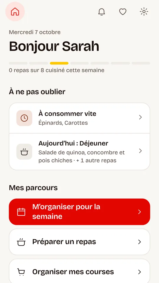Écran d'accueil de Kitchubb : repas du jour, produits à consommer vite et parcours de la semaine