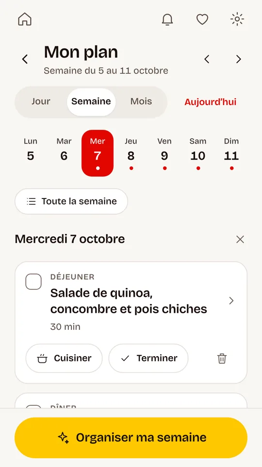 Écran Mon plan : la semaine du lundi au dimanche et le déjeuner du jour