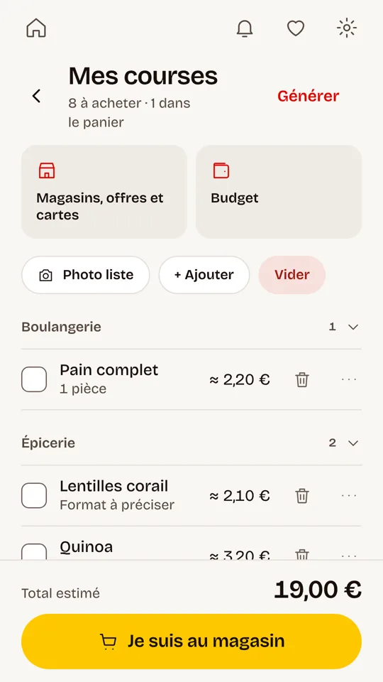 Écran Mes courses : articles rangés par rayon avec leur prix estimé