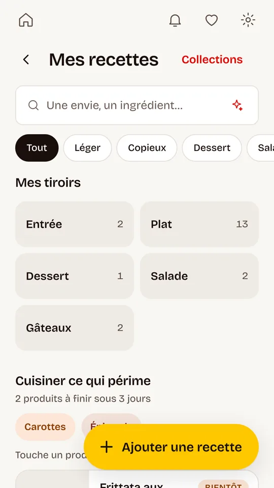 Écran Mes recettes : tiroirs Entrée, Plat, Dessert, Salade, Gâteaux