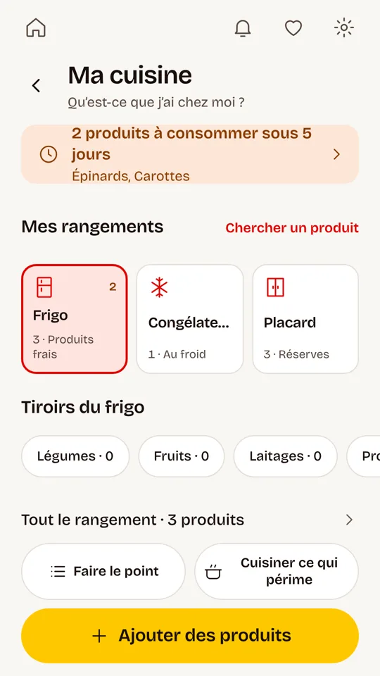 Écran Ma cuisine : frigo, congélateur, placard et produits à consommer sous 5 jours