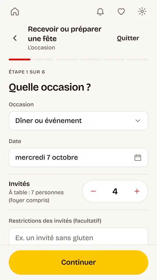 Écran Recevoir ou préparer une fête : occasion, date, nombre d'invités