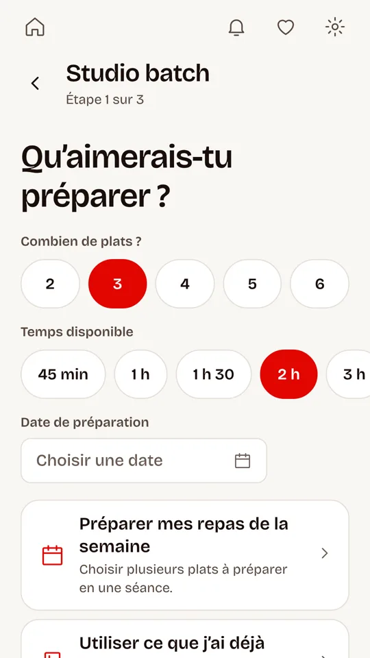 Écran Studio batch : nombre de plats et temps disponible